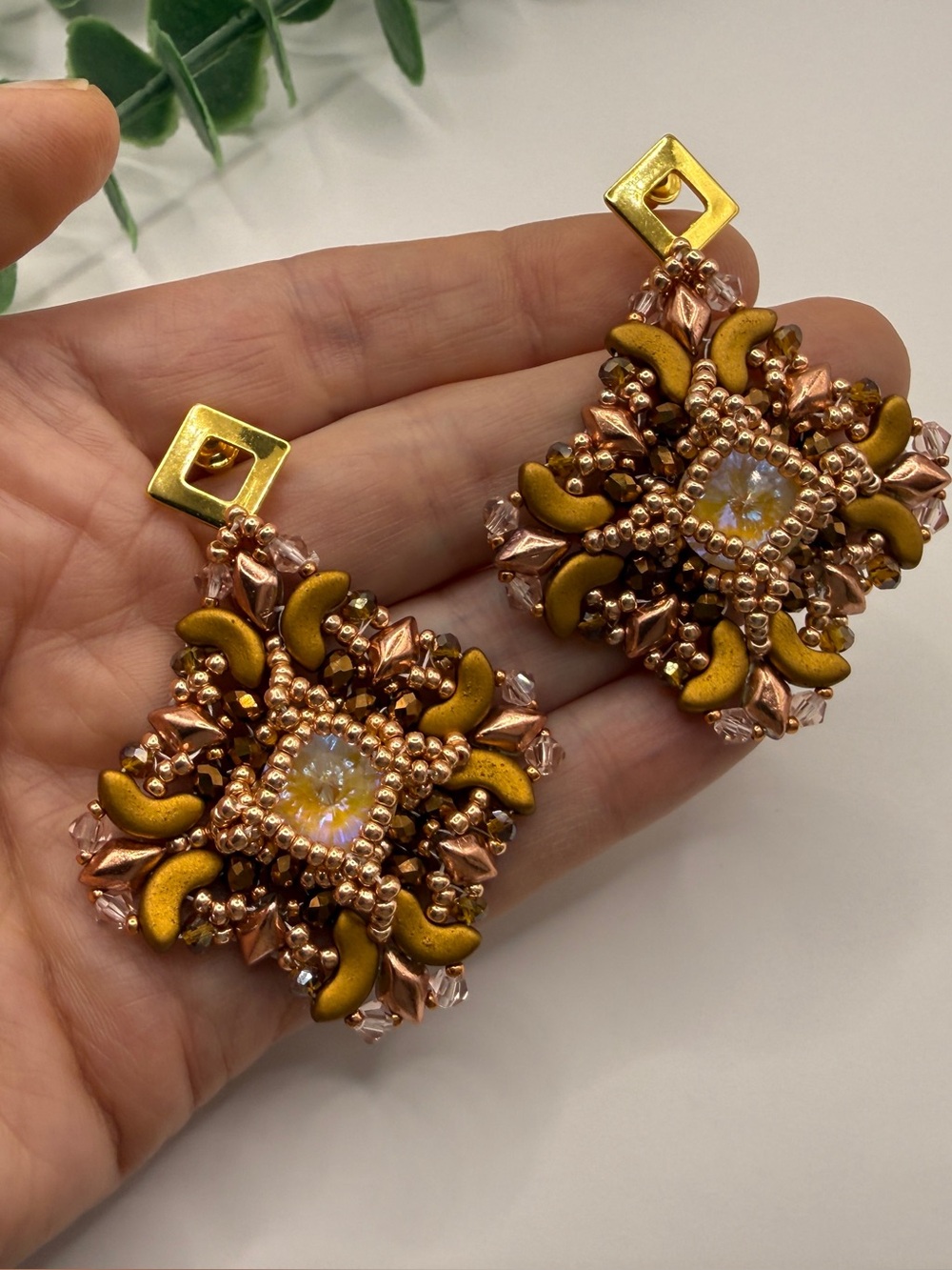 Handcrafted Gold and Olive Beaded Statement Earrings